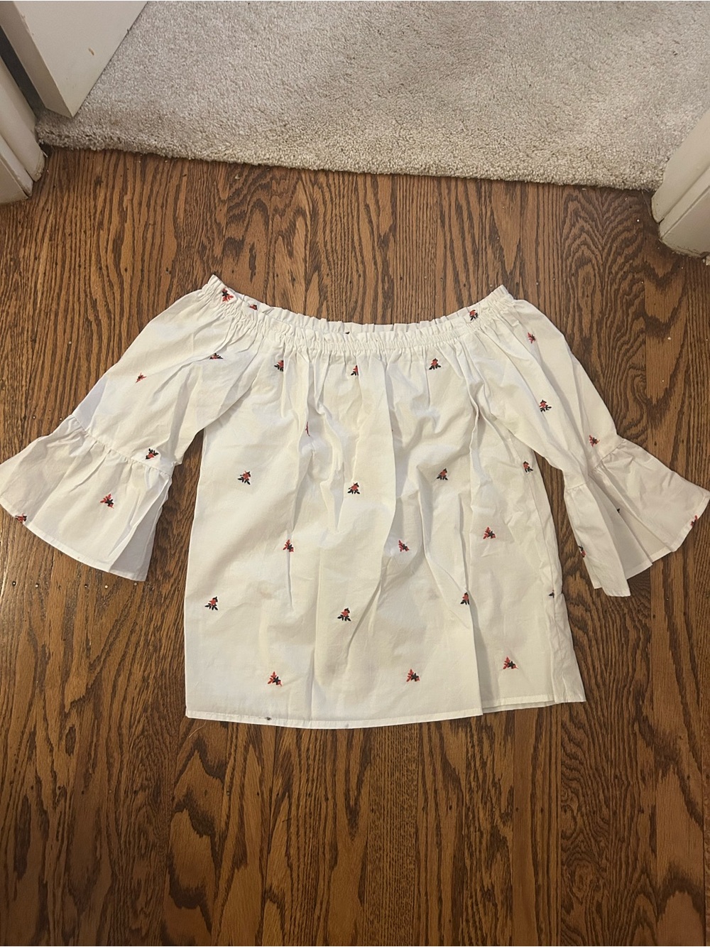 Women’s Off-Shoulder Embroidered Top - White with Red Details